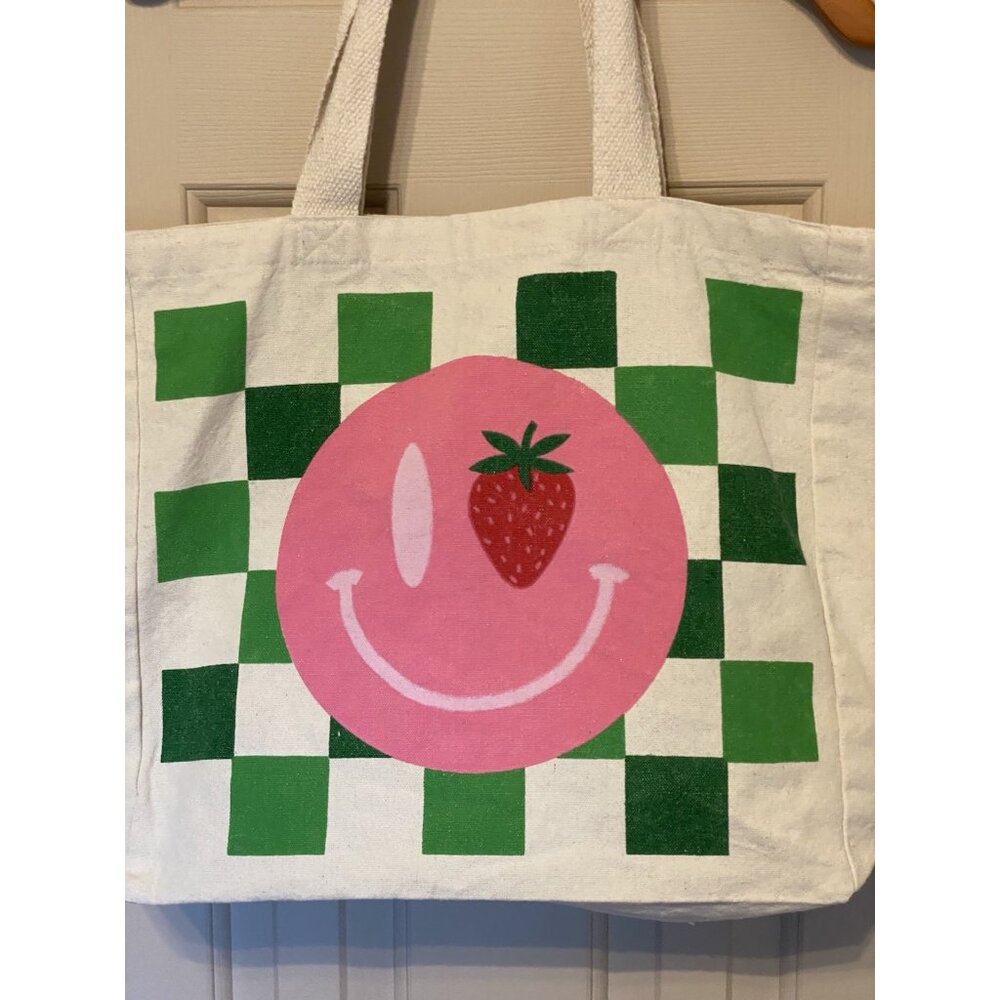 Green White Checker Board Canvas Tote Bag 16x15x6 Pink Smiley Face - Picture 4 of 8